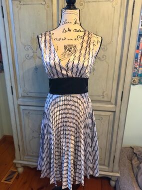 Alyn Paige Sleeveless V-Neck Black & White Patterned Fit-and-Flare Dress